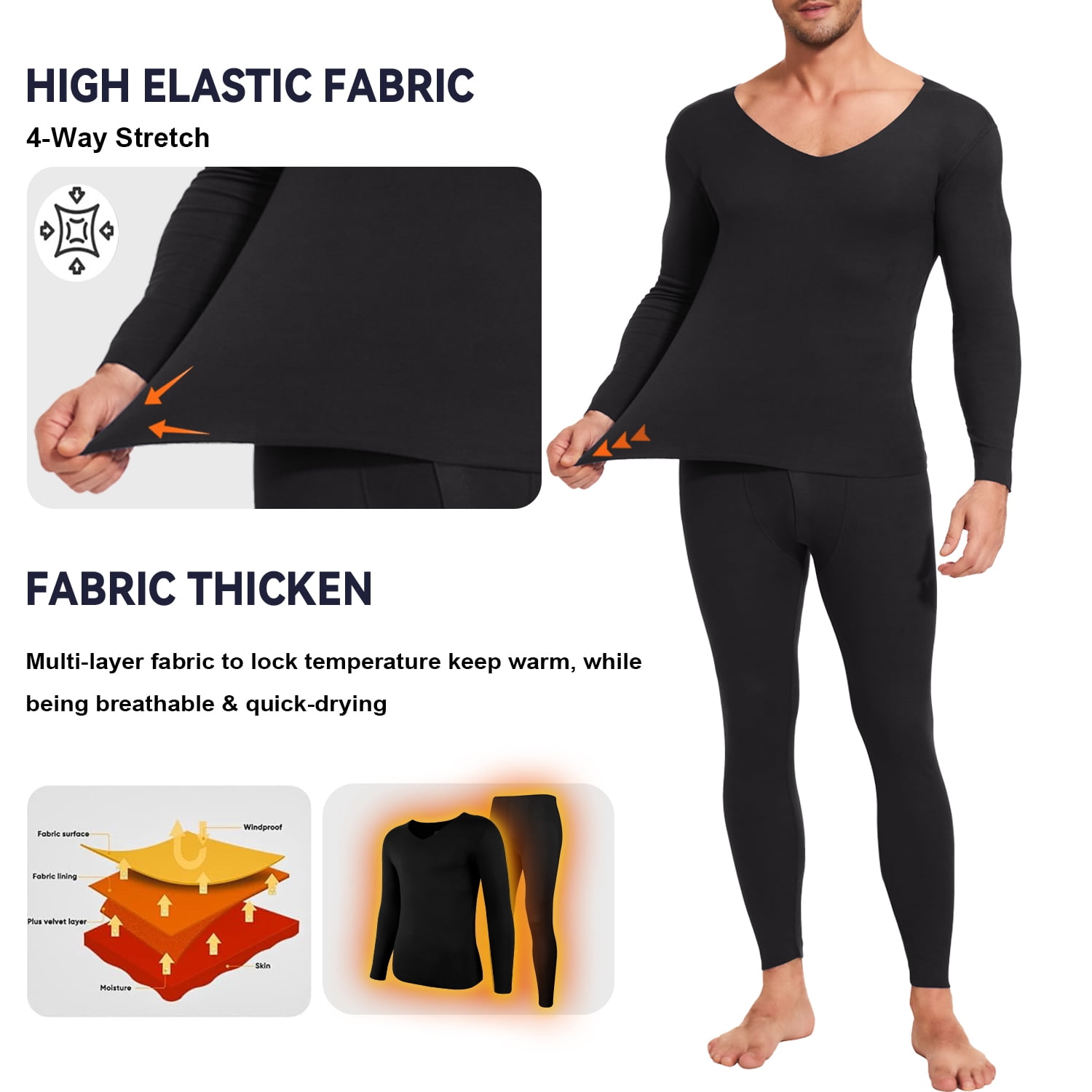 Lalamelon Men's Thermal Underwear Sets Fleece Lined Base Layer V Neck Long Johns Top Bottom Set