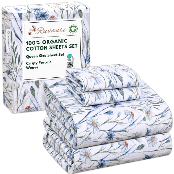 RUVANTI 100% Organic Cotton Sheets - Queen Sheet Set - 4 Piece Percale Weave Bedding, Crisp, Cooling & Breathable, Soft & Durable, 16" Deep Pocket, Hotel Quality Sábanas - Daisy Bud