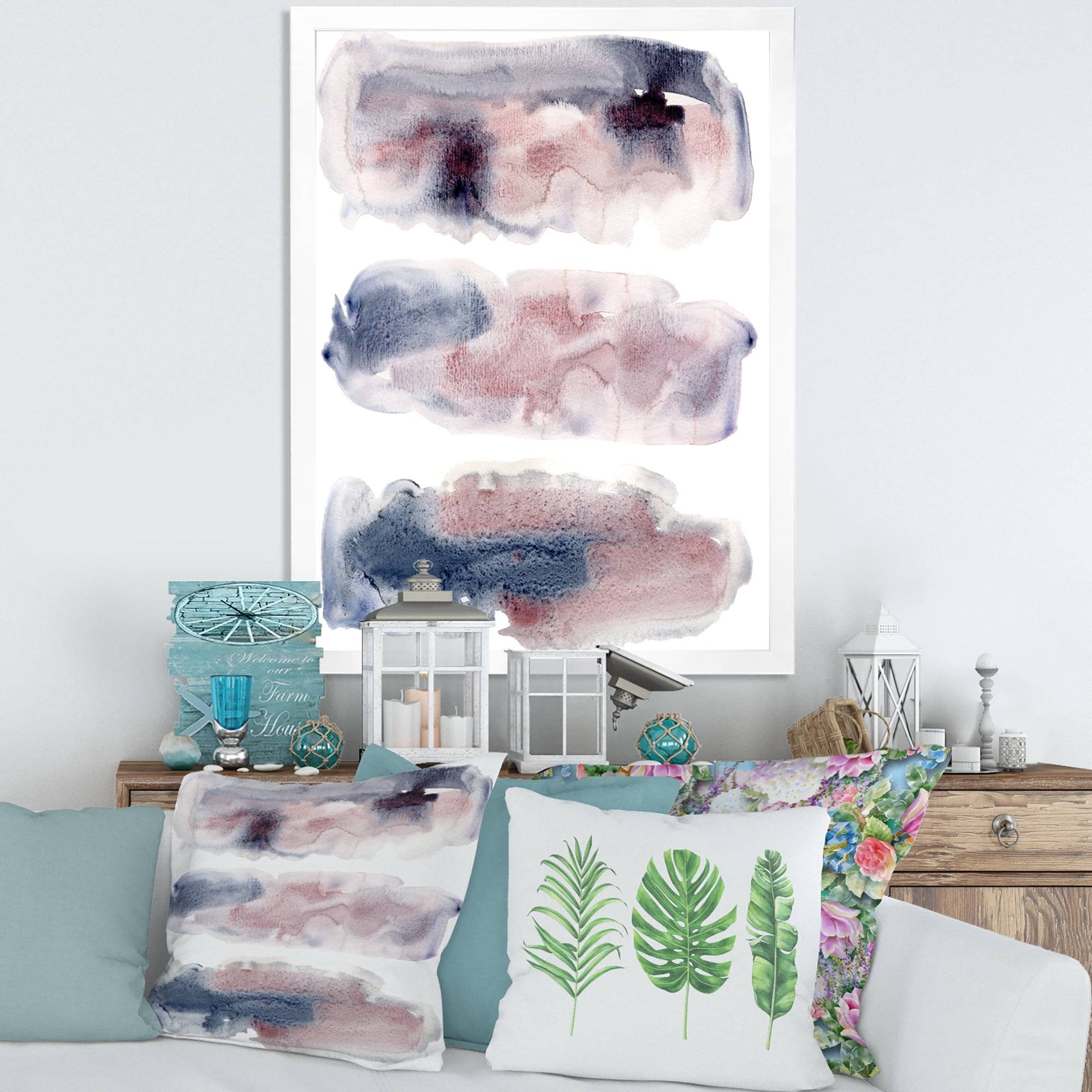 Designart 'Blue and Pink Clouds With Beige Spots I' Modern Framed Art Print