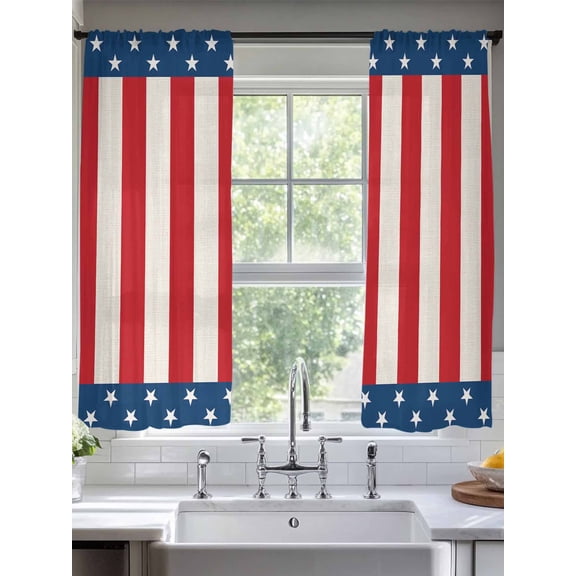 Independence Day Sheer Curtains 2 Panels Set, USA Flag Red White Stripes Stars Light Filtering Rod Pocket Voile Drapes, Window Sheer Curtains for Living Room/Bedroom, 52'' W x 72'' L