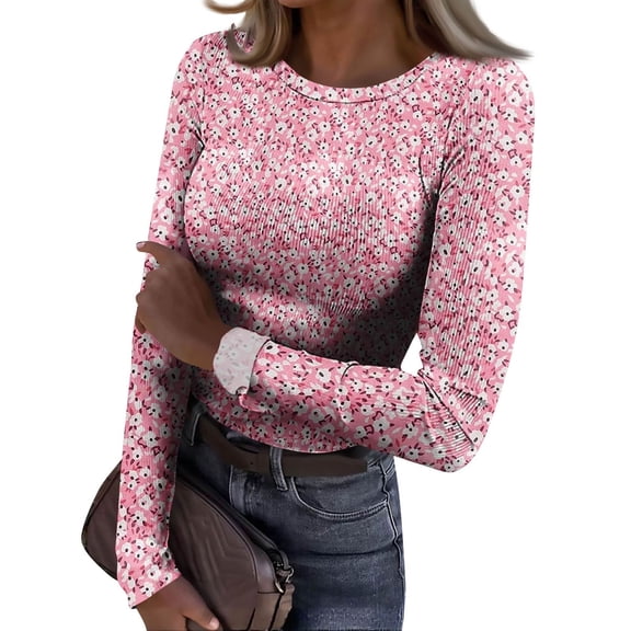 CIENVNSTG Tops for Women Long Sleeve Crewneck Ribbed Knit Going Out Tops Trendy Slim Fit Outfits Retro Floral Stretch Basic Tees Pink S