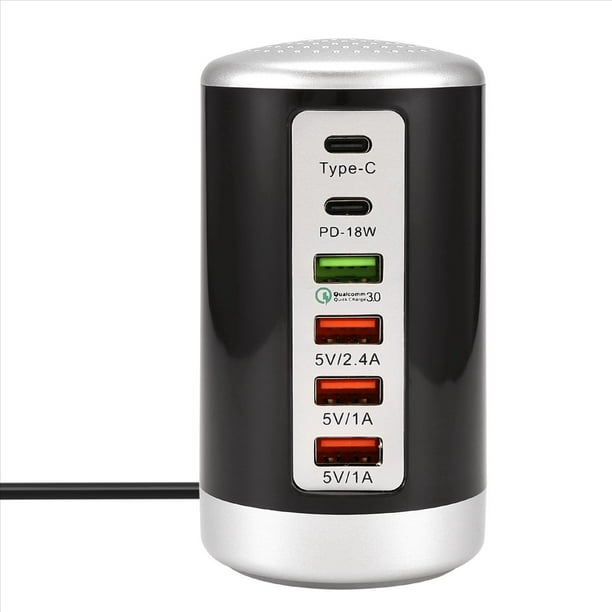 65W USB Multi Port Charger Hub QC3.0 Cargador Rápido 6 Puertos Tipo C PD Cargador Teléfono Móvil Estación de Carga B Enchufe de EE. UU.