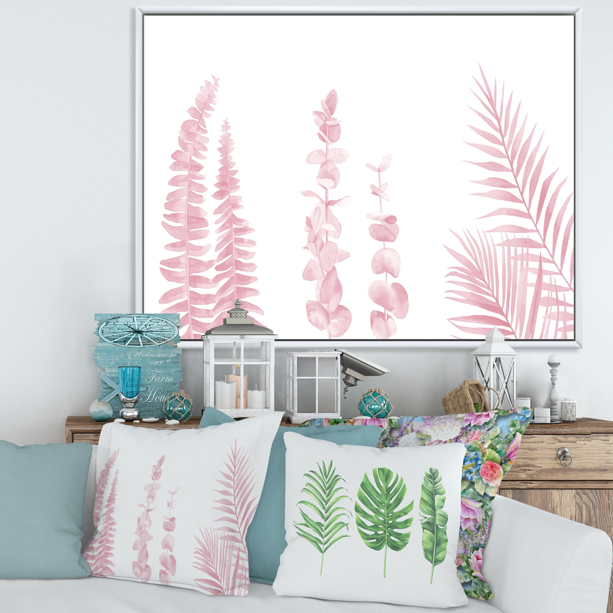 Designart 'Palm Branches and Blush Pinkeucalyptus' Shabby Chic Framed Canvas Wall Art Print