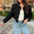 thumbnail image 5 of QATAINLAV Women Casual Button Cropped Baseball Jacket Stand Up Collar Long Sleeve Bomber Jackets Fall Workout Tops, Black, L, 5 of 8