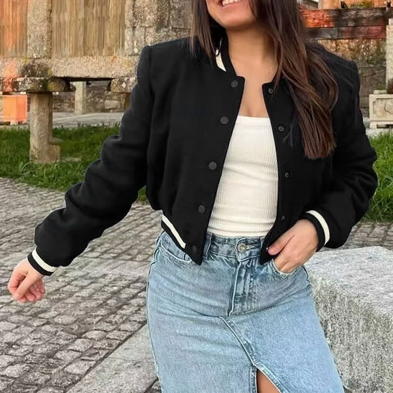Women's Cropped Bomber Jacket Casual Street Button Down Women's Cropped Bomber Jacket Casual Street Button Down