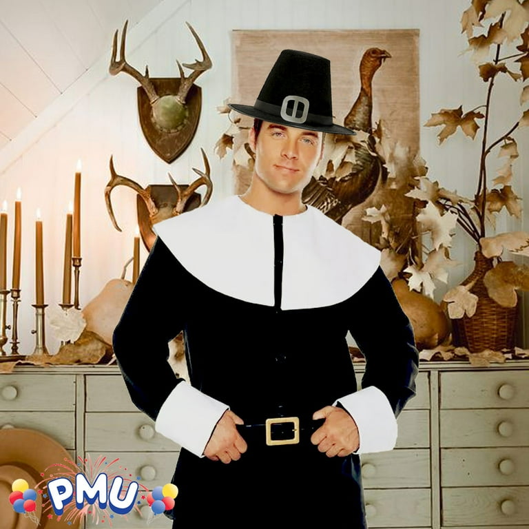 PMU Thanksgiving Party Costume Accessories Black Top Pilgrim Man Hat with Silver Buckle 3 Pkg Pkg 1