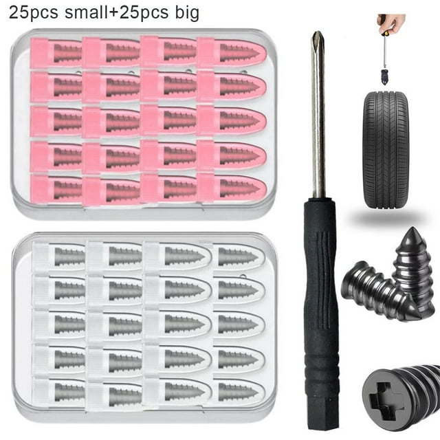Kit de Clous en Caoutchouc pour Réparation de Pneus avec 2 Tailles, Outils de Réparation de Pneus en Auto-Service Rapide, Bouchons de Réparation de Pneus à Visser avec Boîte pour Voiture
