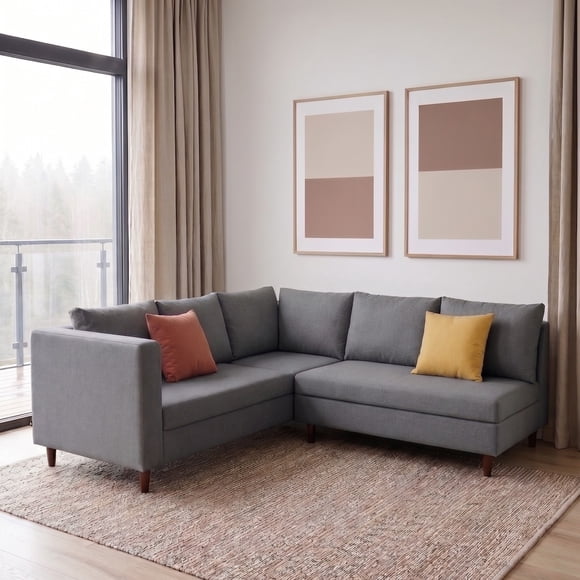 Sala Esquinera  Easy Living Tenerife Gris en L Tapizada en Tela con Patas Tipo Madera