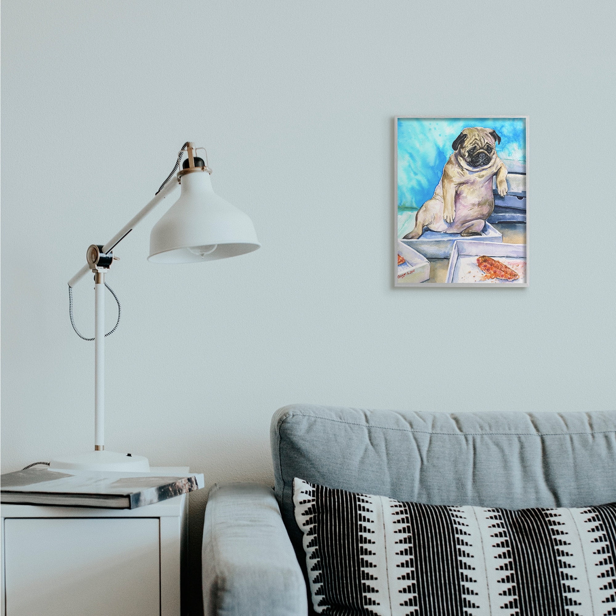 Stupell Industries Chubby Pug Dog with Pizza Boxes Pet Portrait Grey Framed, 16 x 20, Design by George Dyachenko