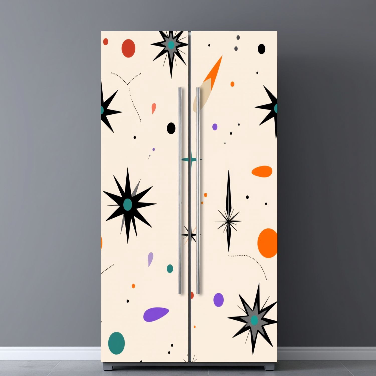 Self Adhesive Vinyl Refrigerator Wrap Set Mid Century Fifties Modern Retro Luxurious Graphic Print Door Mural Removable Fridge Sticker Peel and Stick&nbsp;Full Door Cover Decal Kitchen Bar Decor