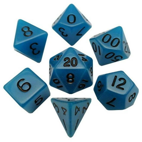 Polyhedral 7 Die Set Resin Dice: Glow Blue with Black Numbers (Glow in Dark)