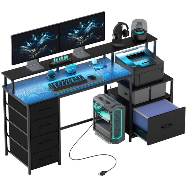 JWRWEFA 67" Computer Desk with File Cabinet, LED Lights & Power Outlets, Home Office Desk with USB-C, Dual Monitor Stand & Fabric Drawers, Black