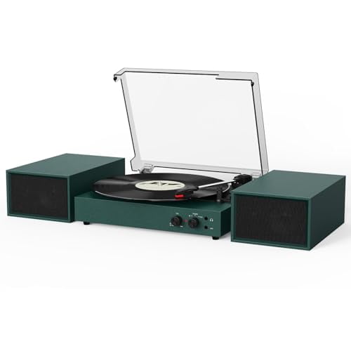 Tocadiscos con parlantes y codificación USB, tocadiscos LP de vinilo vintage Bluetooth accionado por correa con parlantes externos de potencia de 20 W, 3 velocidades, 3 tamaños, parada automática, cub
