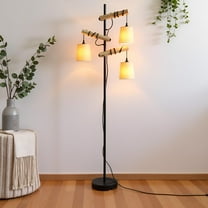 3 Lights Floor Lamp with Hanging Drum Shade,Wooden Floor Lamps