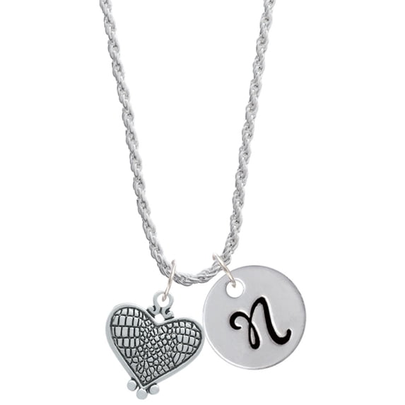 Delight Jewelry Antiqued Snake Print Heart Silvertone Script Initial Disc - N - Charm Necklace, 20"+3"