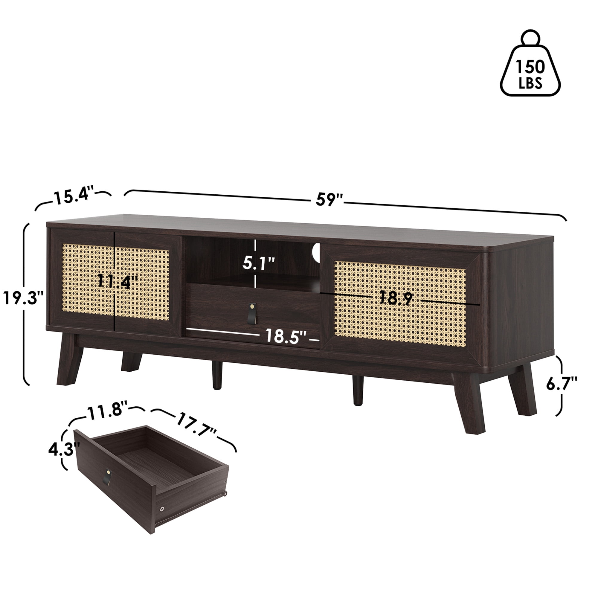 MAYEERTY Walnut 70"Rattan&Wood TV Stand, Boho Media Console with Drawer & 2 Cabinets for Living Room