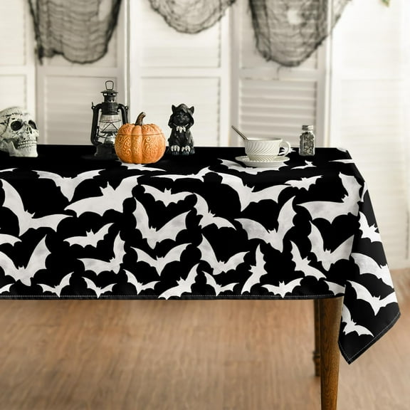 Halloween Tablecloth 60x84 Inch Rectangular, Bats Black Washable Table Cover for Party Picnic Dinner Decor
