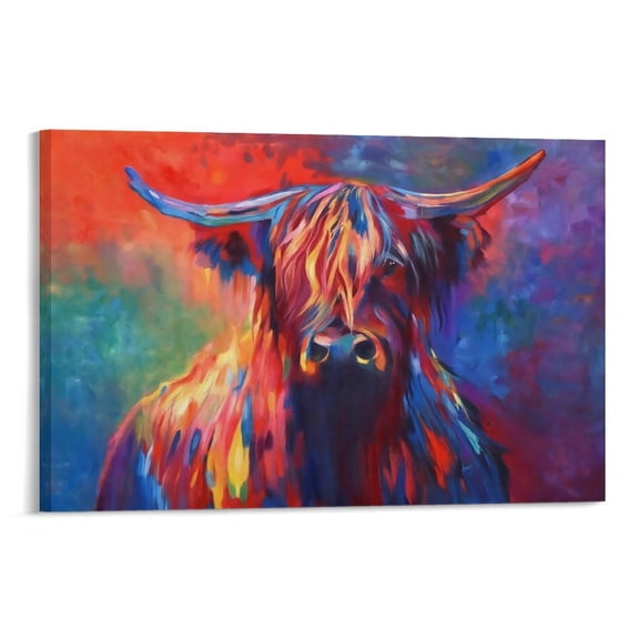 Banksy Graffiti Freedom Highland Cow Picture Canvas Wall Art Pop Street Art Farmhouse Cow Poster Oil Painting Artwork Men Home Kitchen Office Decor Giclee Print Frame Gallery Wrapped