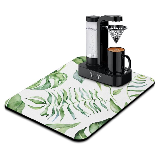 Highly Absorbent 18x24 Dish Drying Mat - Reversible Microfiber Pad with Watercolor Branch Plant Design for Coffee Bar & Kitchen