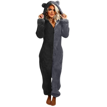 

BELLZELY Black Pants for Women Clearance Women Long Sleeve Hooded Jumpsuit Pajamas Casual Winter Warm Rompe Sleepwear