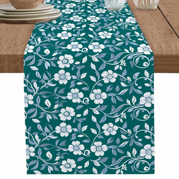 nqOlkjepod Green White Floral Table Runner 72 Inches Long Farmhouse Dress Scarves, Farmhouse Retro Botanical Leaves Dining Tablerunner for Coffee Table/Kitchen Island/Party Décor, 14" x 72"