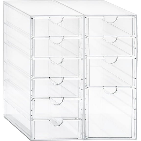 Drawer Organizer with 10 Drawers, Set of 2 Office Desk Organizers Accessories, Clear Stackable Storage Drawers for Vanity, Countertop, Craft, , Art Organization