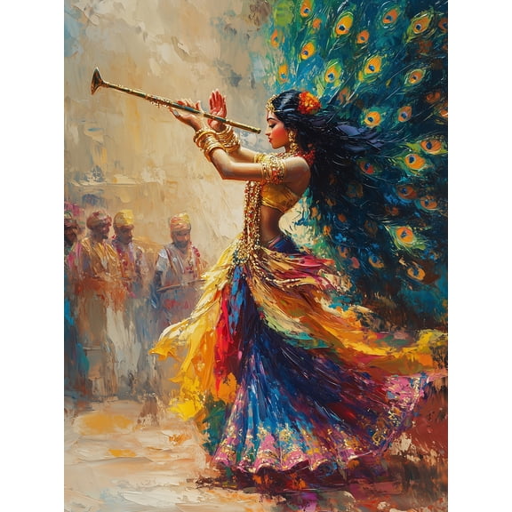 Qisvanset Indian Goddess with Peacock Feathers Playing Flute Canvas Wall Art, 15.75x11.81 Inch, Vibrant Impasto Painting for Living Room, Meditation Room, Cultural Home Decor