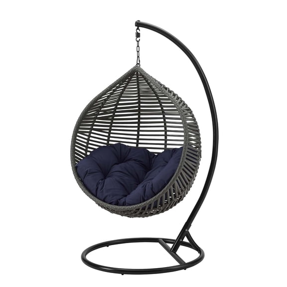 Contemporary Modern Urban Designer Outdoor Patio Balcony Garden Furniture Lounge Swing Chair, Fabric Steel Metal, Grey Gray Navy Blue
