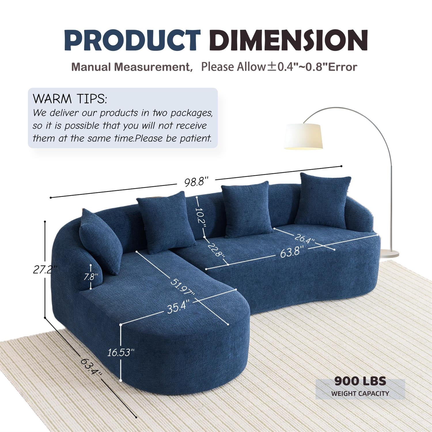Demi Bonn 98" Cozy L-Shape Sectional Sofa with Curved Chaise, High-Density Foam, Chenille Modular Couch for Living Room, Supports 900 lbs, Blue