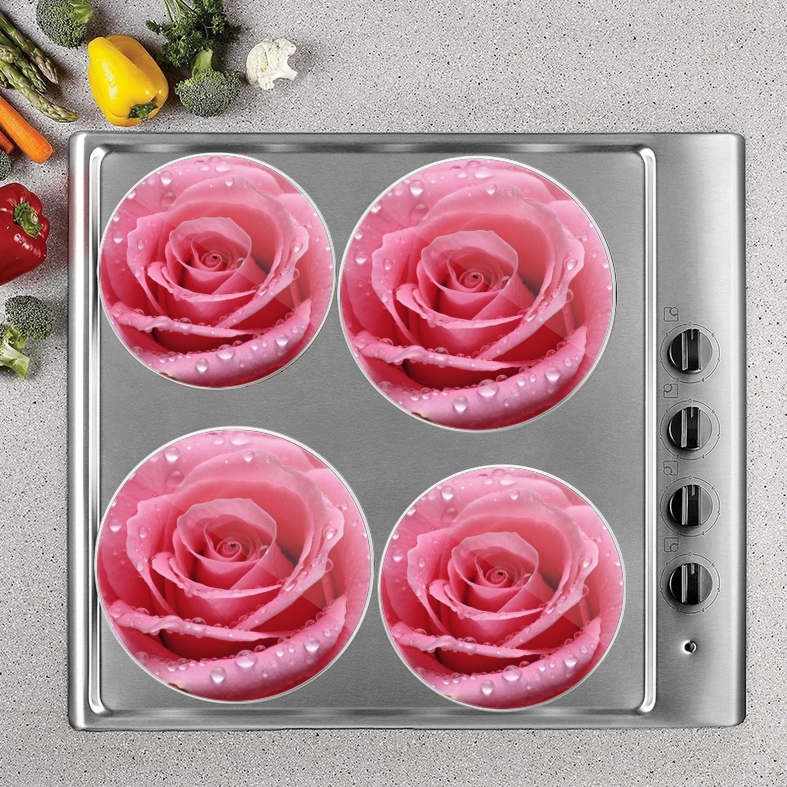 Bahomeck Electric Stove Burner Covers Set Of 4,Pink Rose With Water Droplets Metal Gas Stove Burner Covers,Protecting Gas Stoves,8 Inch And 10 Inch