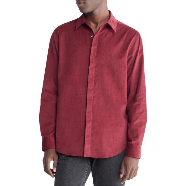 Calvin Klein Mens Regular Fit Solid Corduroy Button Up Shirt, wine, XL Neck