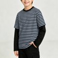 thumbnail image 6 of NEBWOAK Toddler Boys Striped Long Sleeve Shirt, Fake Two-Piece Crewneck Casual Base Layer Tee,Navy,Size 1, 6 of 8