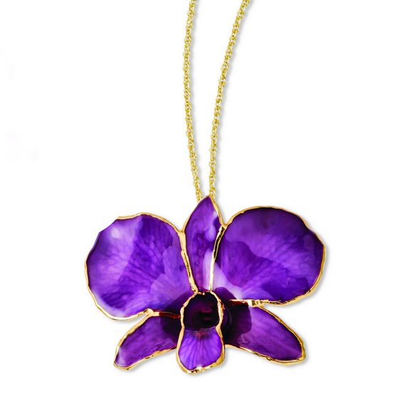 Roses and Leaves 24K Gold-trim Lacquer Dipped Purple Real Dendrobium Orchid 20 inch Gold-tone Necklace
