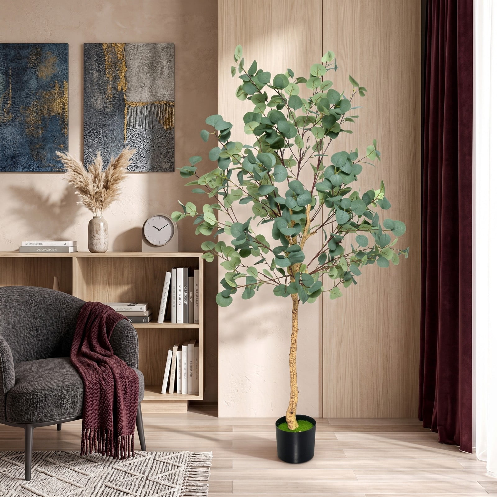 ALPULON 5.5 FT Artificial Eucalyptus Tree, Faux Silver Dollar Tree with 517 Leaves and Cement Pot, Tall Fake Plant for Indoor Home Office Living Room Corner, Green