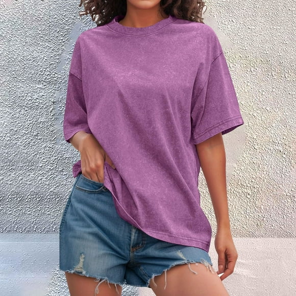 knqrhpse T Shirts for Women,Basic Tees,Tee Shirts,Washed Vintage Oversized T Shirt Baggy Streetwear Tee Workout Short Sleeve Trendy Tops,Summer Tops,Womens Tshirts,Tops for Women Trendy Purple,XL