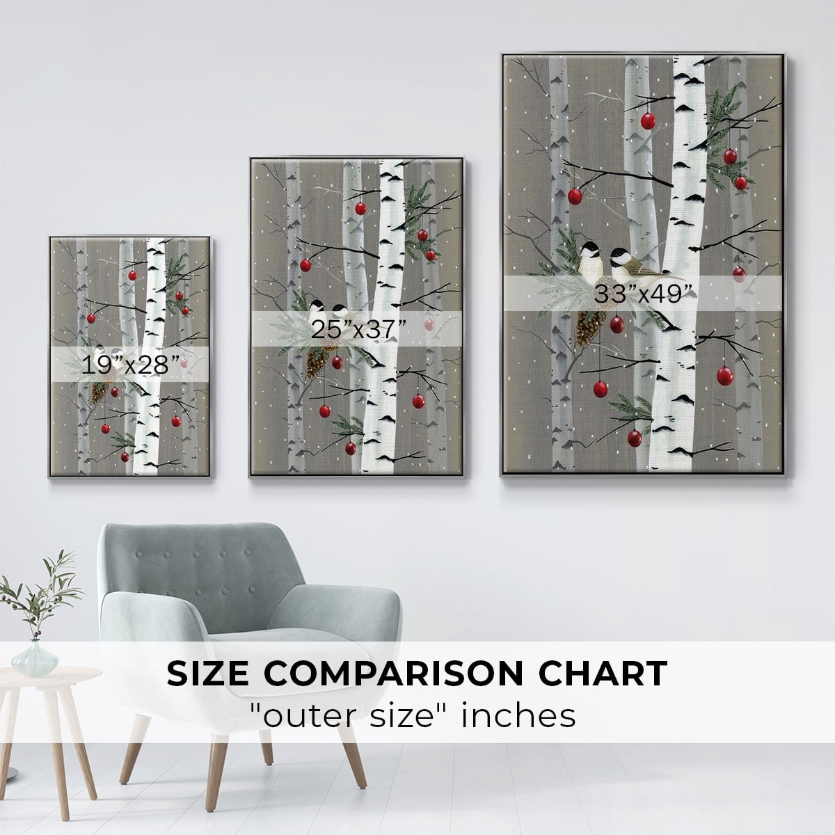 Birch Birds II - Framed Gallery Wrapped Holiday Canvas - 17 x 25 - Silver Frame