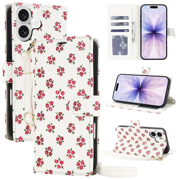 ELEHOLD Crossbody Case for iPhone 16 Plus, Cute Floral Shockproof Wallet Phone Case with Kickstand, Magnetic Buckle,Red