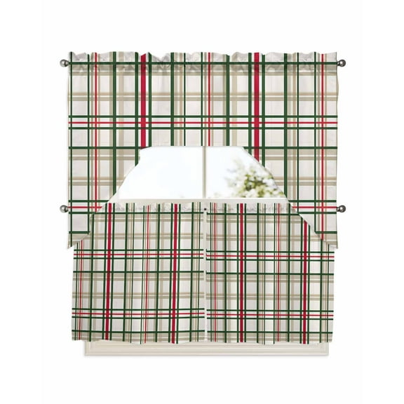 Green Red Plaid Christmas Kitchen Curtains Swag Valance and Tier Curtains Set 24 Inch Length, Xmas Checkered Buffalo Rod Pocket Drape Panels Pair Swag Curtains for Bathroom/Cafe/Window