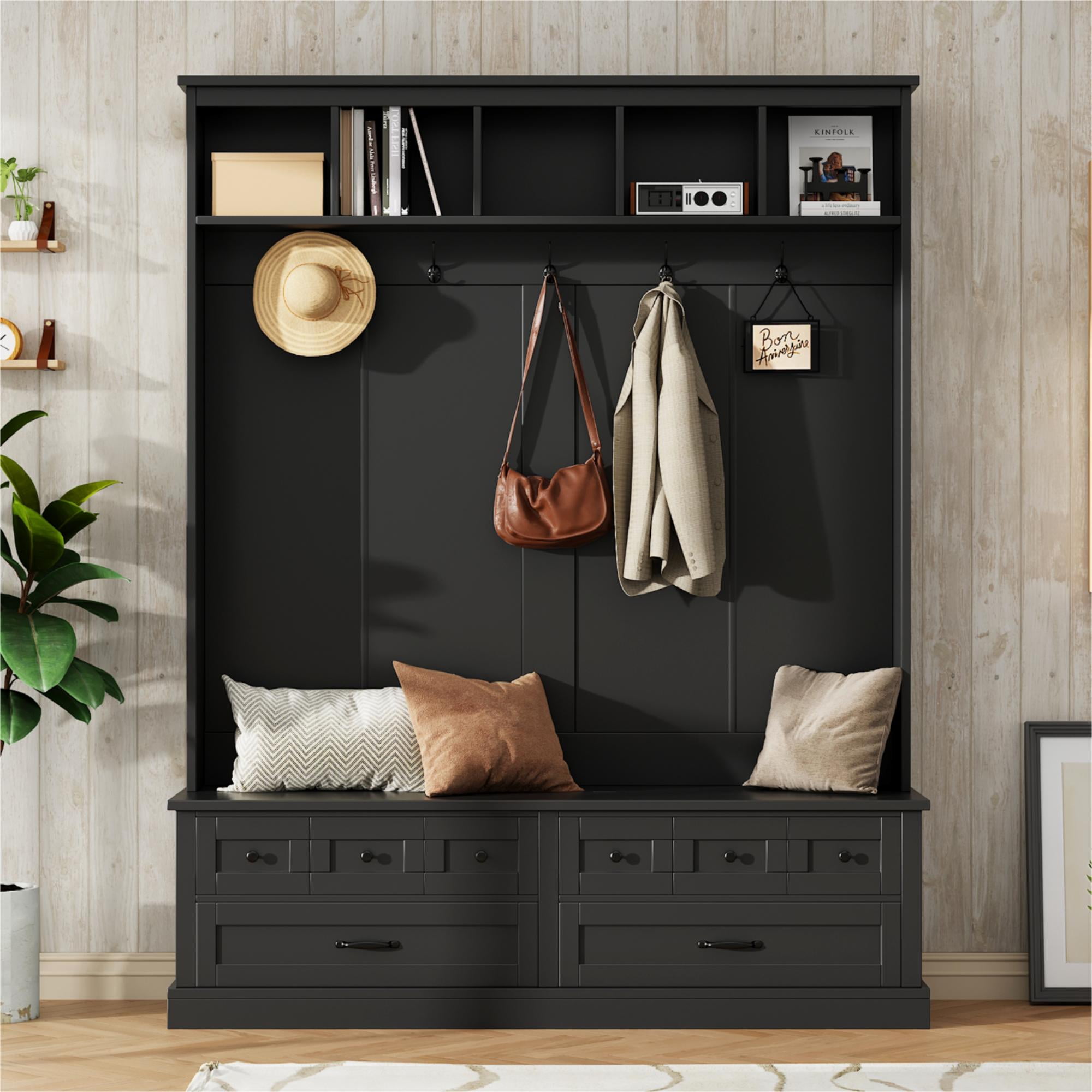 Euroco Elegant Wide Hall Tree with 5 Hooks, Lift-Top Storage Bench with 2 Drawers, Retro Wooden 3-in-1 Coat Rack with Black Handles for Entryway, Mudroom, Living Room