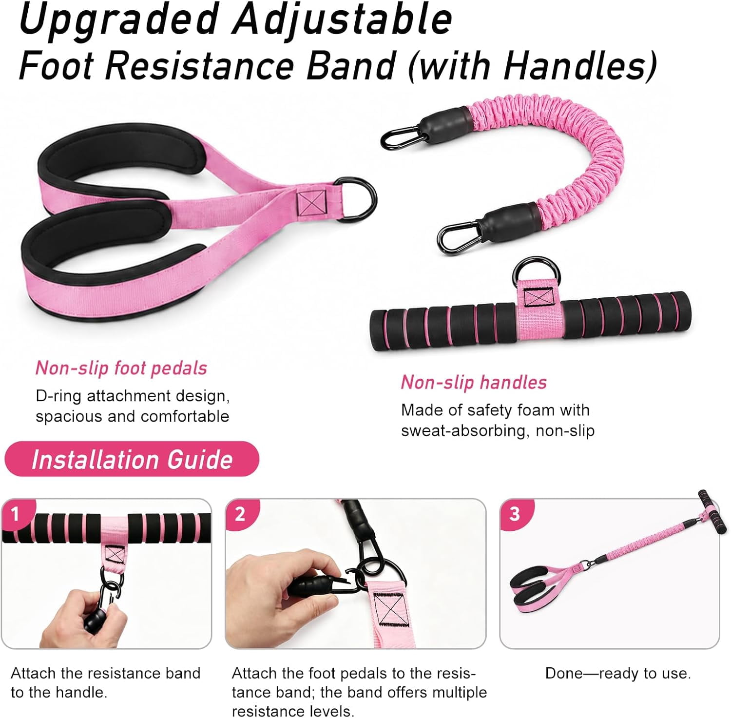 Multifunction Pedal Resistance Band with Handles, 4 Bands Set (30/30/30/40LB) Adjustable Full Body Workout Equipment for Home Gym