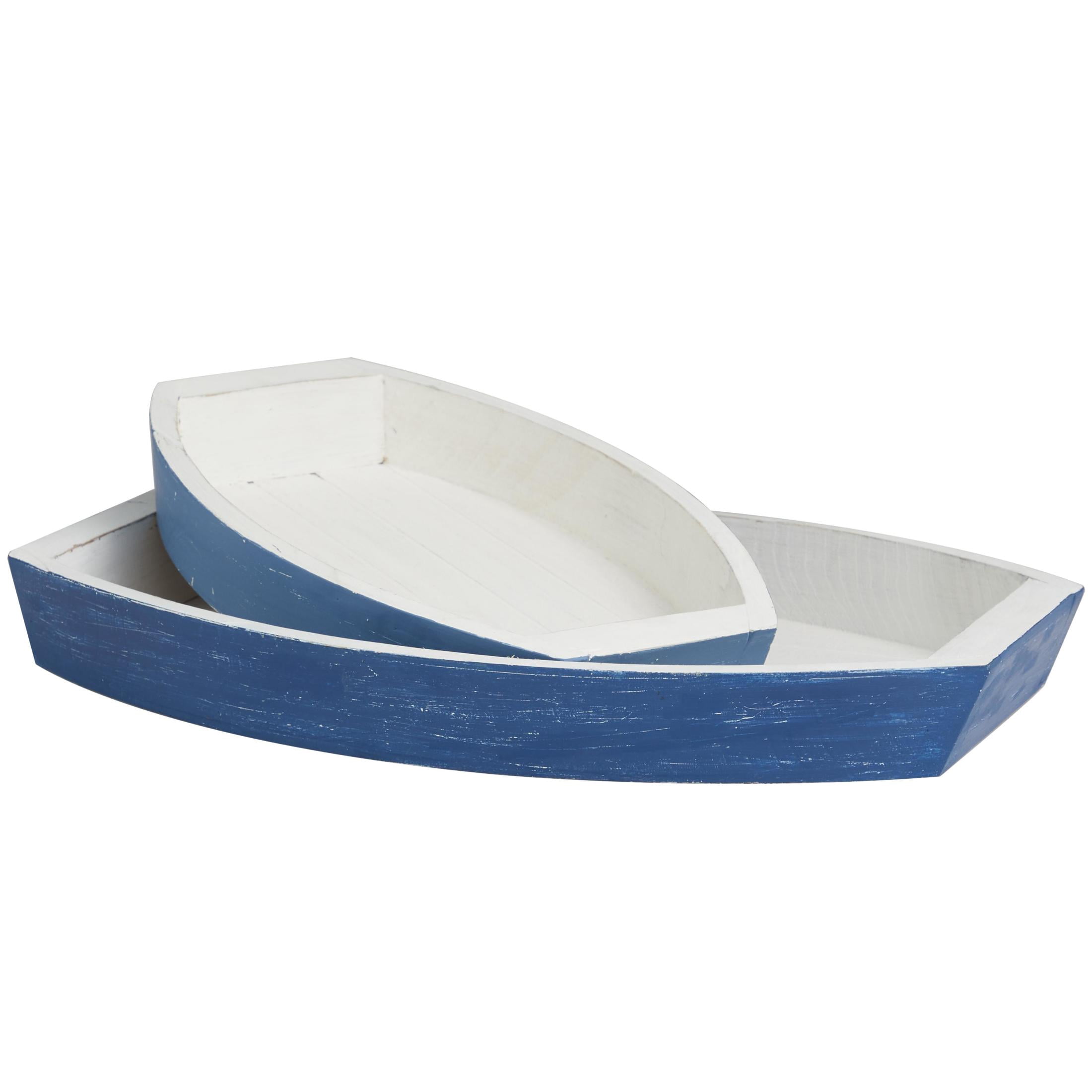 DecMode 17", 13"W Blue Wood Handmade Distressed Two Toned Boat Tray, 2-Pieces