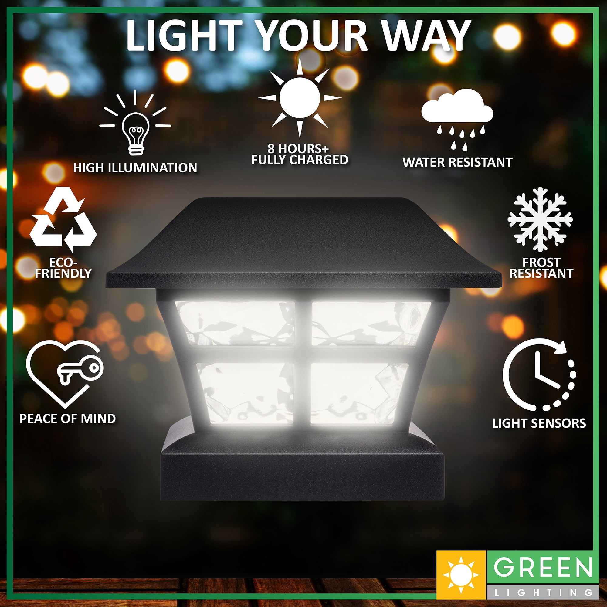 GreenLighting Weather Resistant 11.00" x 11.00" x 10.50" Solar LED Deck Light, Black, 8 Pack