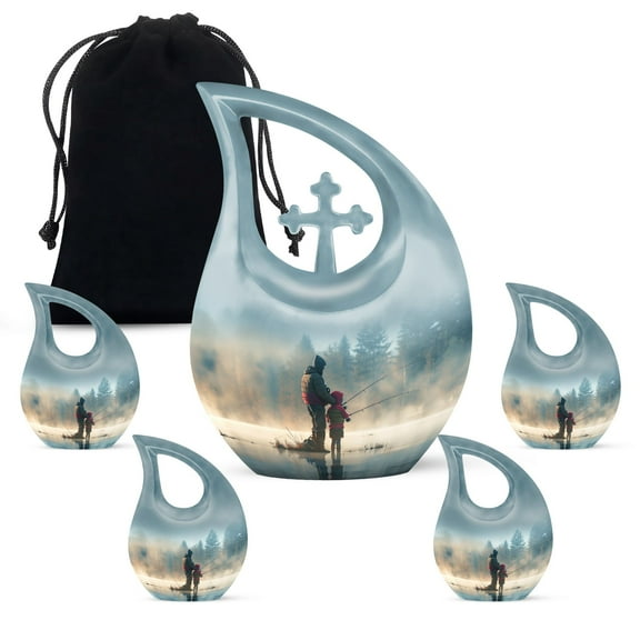 MUKTIVE Fishing Unique Burial Urn for Ashes Adult Women, Combo Sets Cremation Urns for Human Ashes Adult Man, Memorial Funeral Urn, Decorative Urns, (1 Large 10 ", 4 Keepsake 3 ")
