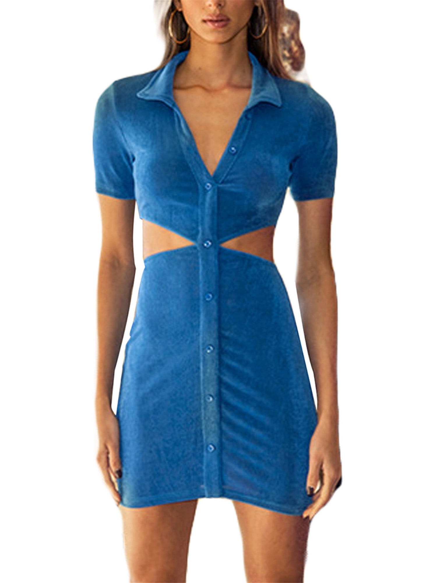 Aunavey Women Vintage Y2k Dress Button Down Cut Out Bodycon Shirt Dress Summer Short Dresses E Girl Streetwear, Women's, Size: Small, Blue