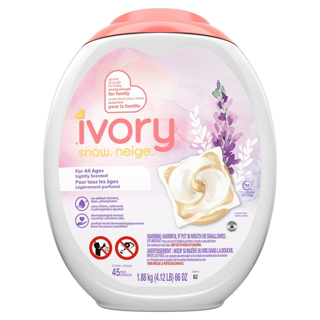 Ivory Snow Laundry Detergent Pacs, Lightly Scented, Lavender, HE Compatible, 45