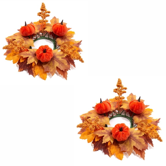 2 Pack Fall Maple Leaf Pumpkin Candle Ring with Bright Yellow Large Berry for Thanksgiving Harvest Home Table Decor