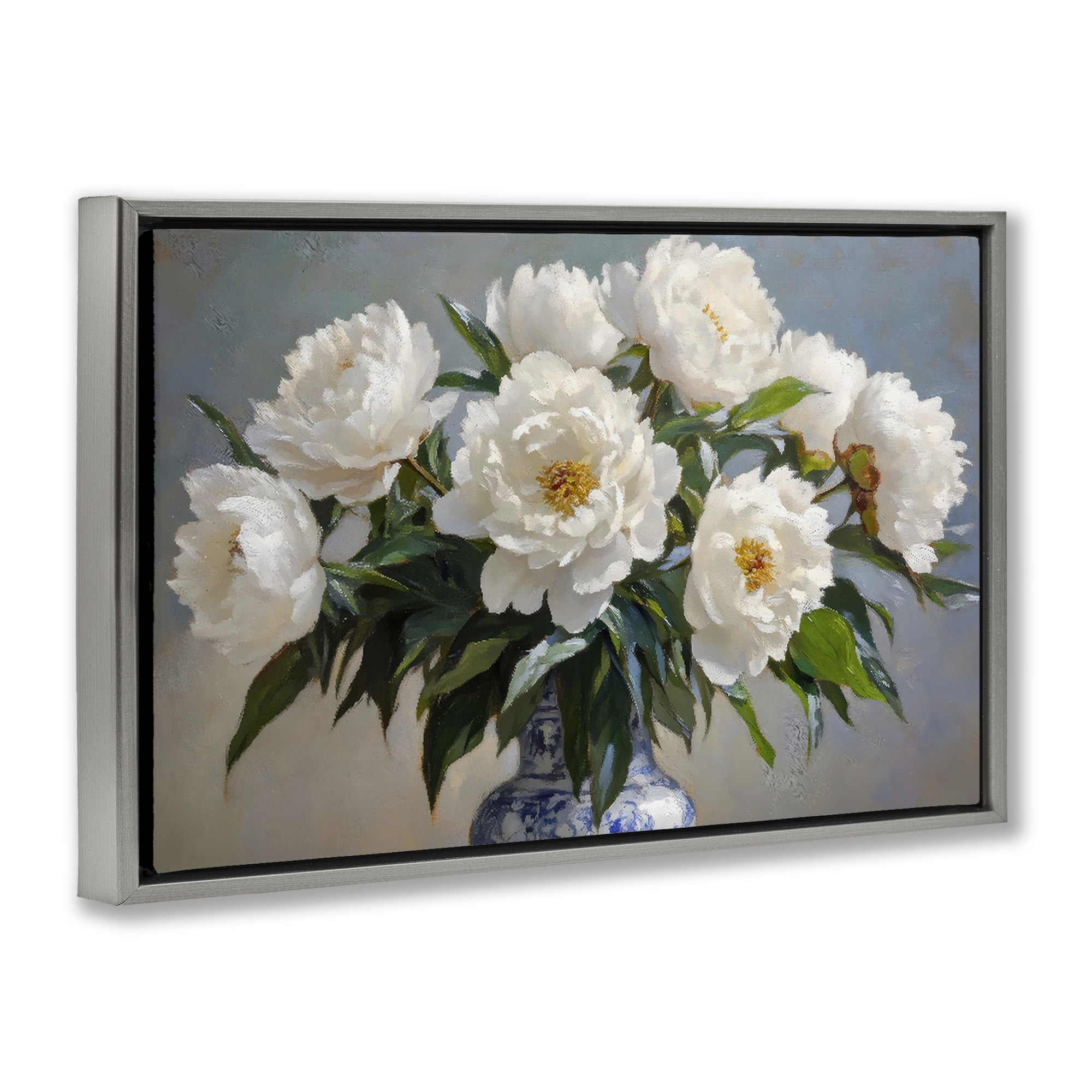 Stupell Industries In Full Bloom White Peonies Gray Framed Floater Canvas Wall Art, design by Petal Prints Design