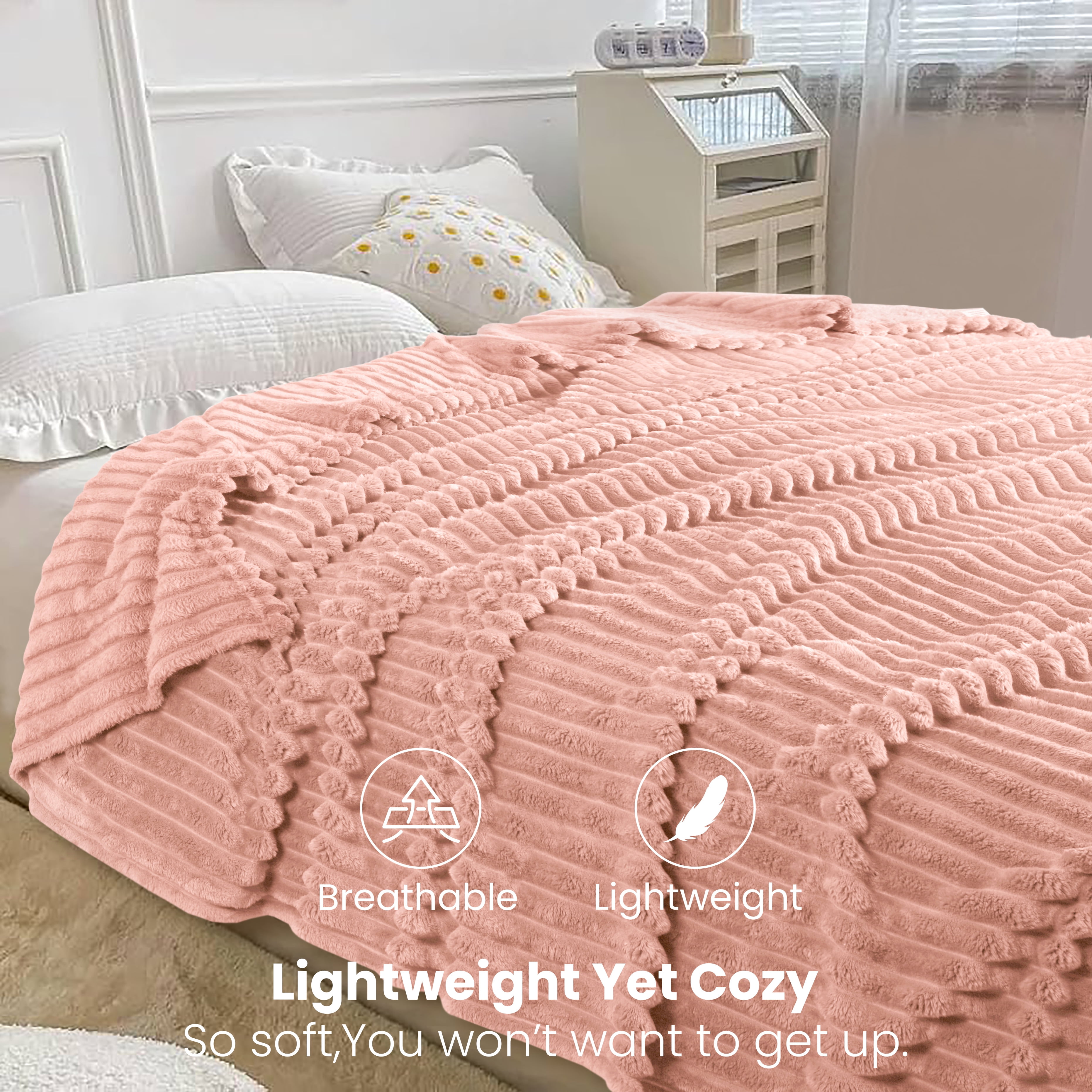 Oversized Queen Blanket for Bed (90”x100”), 400GSM Super Soft & Warm Fleece Throw Blankets for Bed, Couch, Sofa - 3D Ribbed Fluffy Lightweight Blanket All Season&nbsp;Use