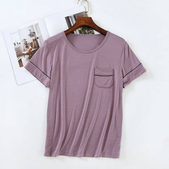 Frnrwgo Womens Soft Pajama Tops Casual Solid Color Summer Loungewear, Loose Comfortable Crew Neck Sleepwear Top