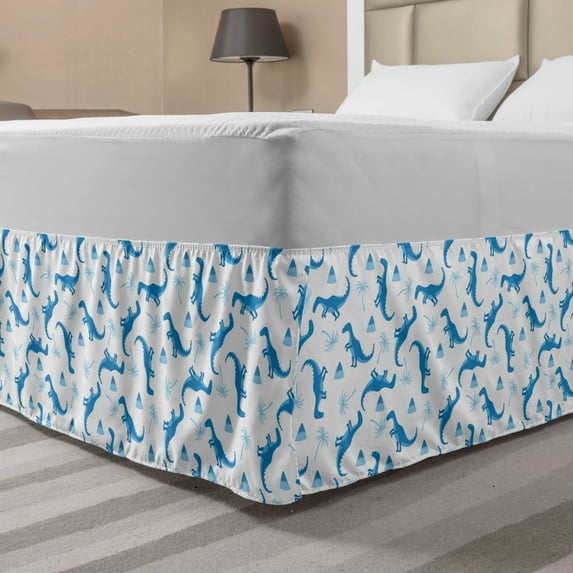 Dino Bed Skirt, Monotone Funny Dinosaurs with Palms and Volcano on a Plain Background, Elastic Bedskirt Dust Ruffle Wrap Around for Bedding Decor, 4 Sizes, Blue Pale Blue and White, by Ambesonne
